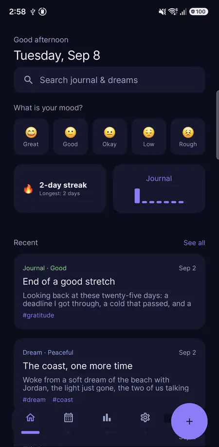 Home — streak, mood check-in and recent entries