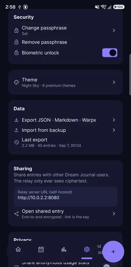 Settings — security, themes, data and sharing